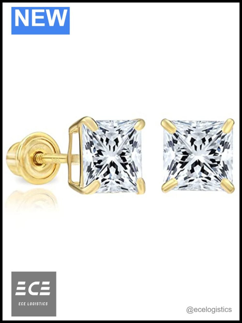 Solid 14k Yellow Gold Princess-Cut CZ Solitaire Stud Earrings Screw-Back